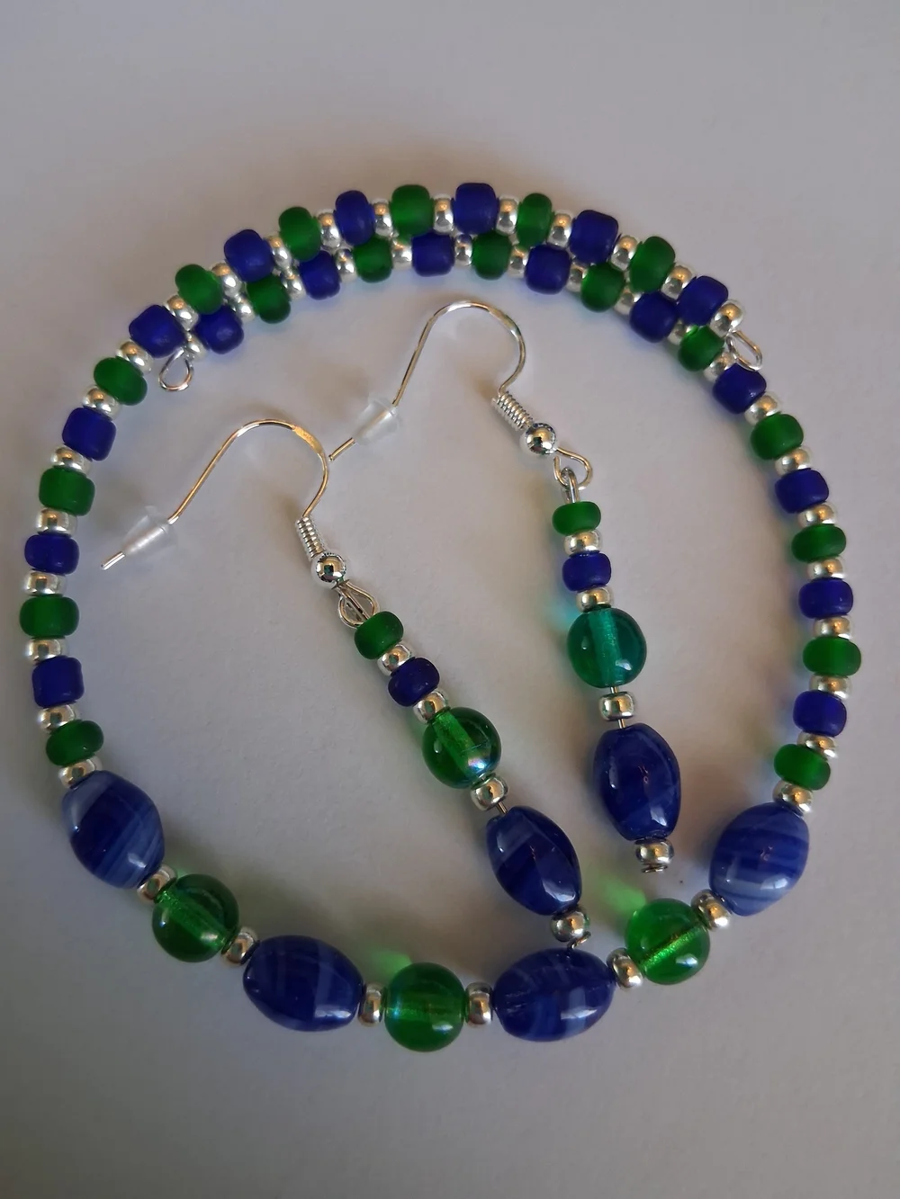 Handmade Blue and Green Beaded Bracelet & Matching Earrings W/Silver-Tones